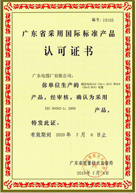 廣東省采用國際標(biāo)準(zhǔn)產(chǎn)品認(rèn)可證書(1-3kV)