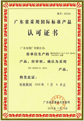 廣東省采用國際標(biāo)準(zhǔn)產(chǎn)品認(rèn)可證書(6-30kV)